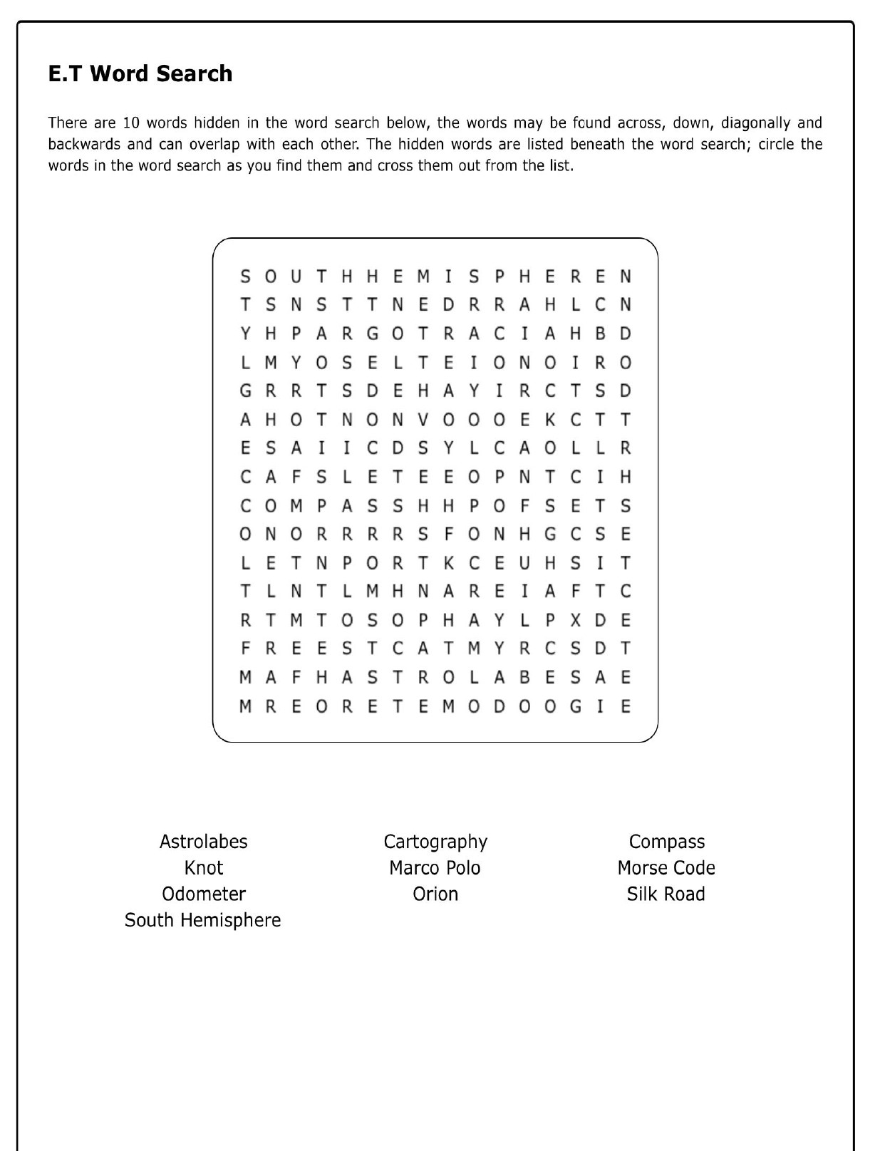 HMOC E.T. Word Search, fun online activity for kids