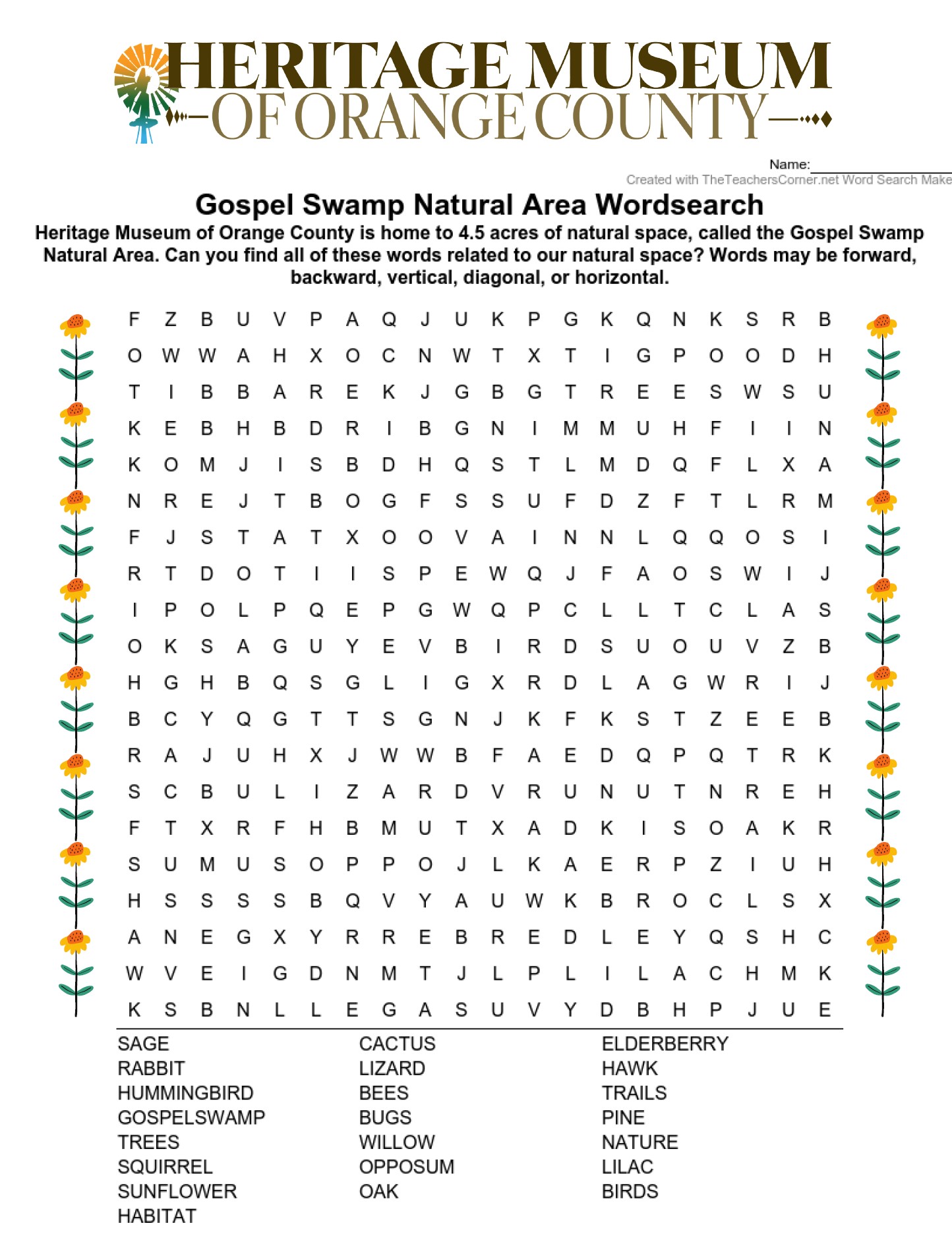 HMOC Gospel Swamp Farm Natural Area Word search, fun online activity for kids