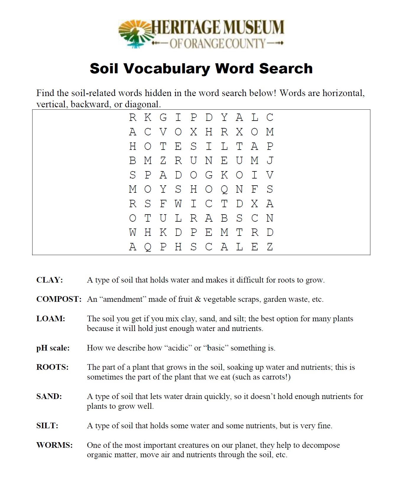 HMOC Soil Vocabulary Word Search, fun online activity for kids