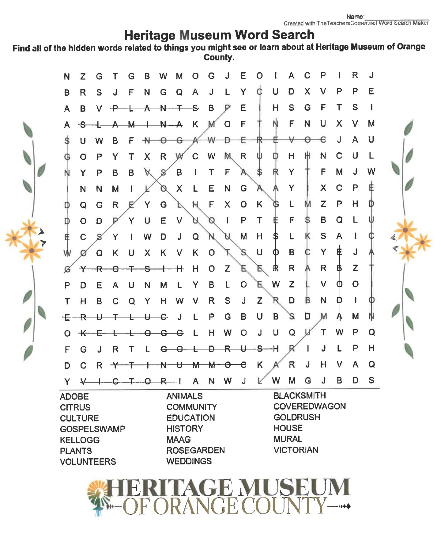 HMOC Word Search Answer Key